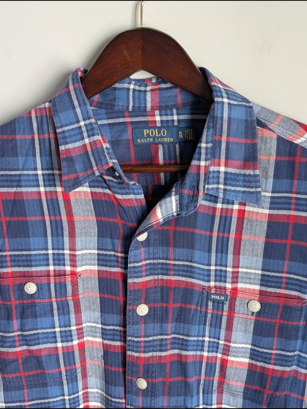 Polo Ralph Lauren Shirt Men XL Short Sleeve Plaid Flannel Button Up Blue Red